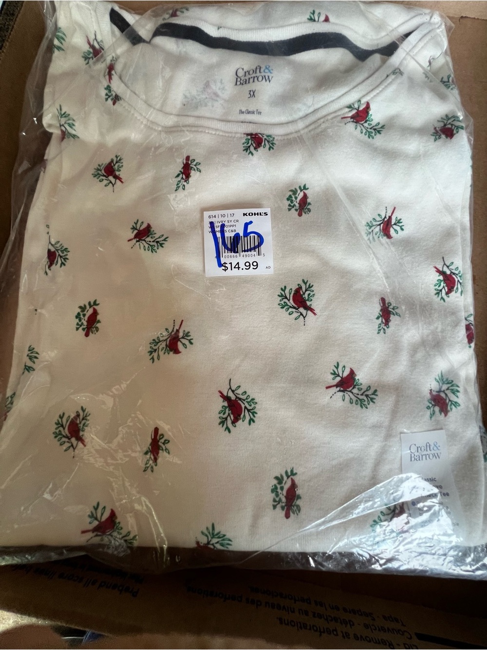 croft & barrow Cream Long-Sleeve Tee with Red Floral Sprigs